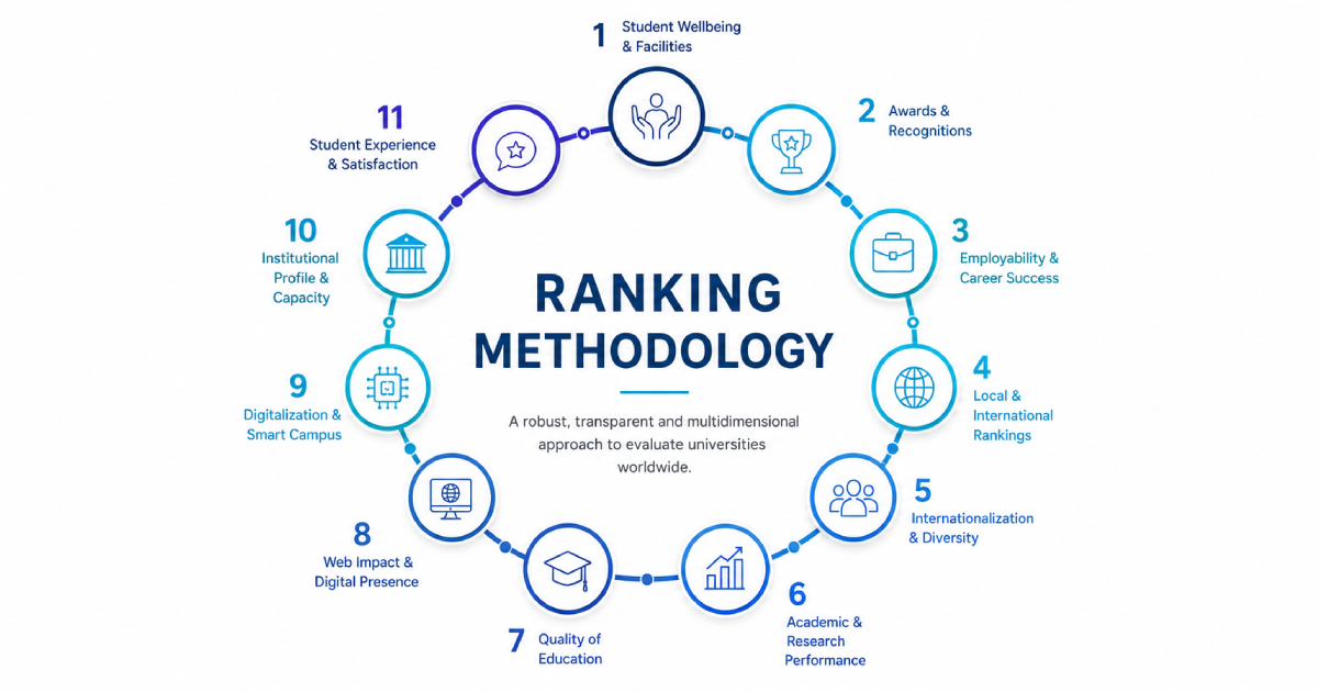 UNIRANKS ranking methodology infographic showing the 11 main university evaluation indicators